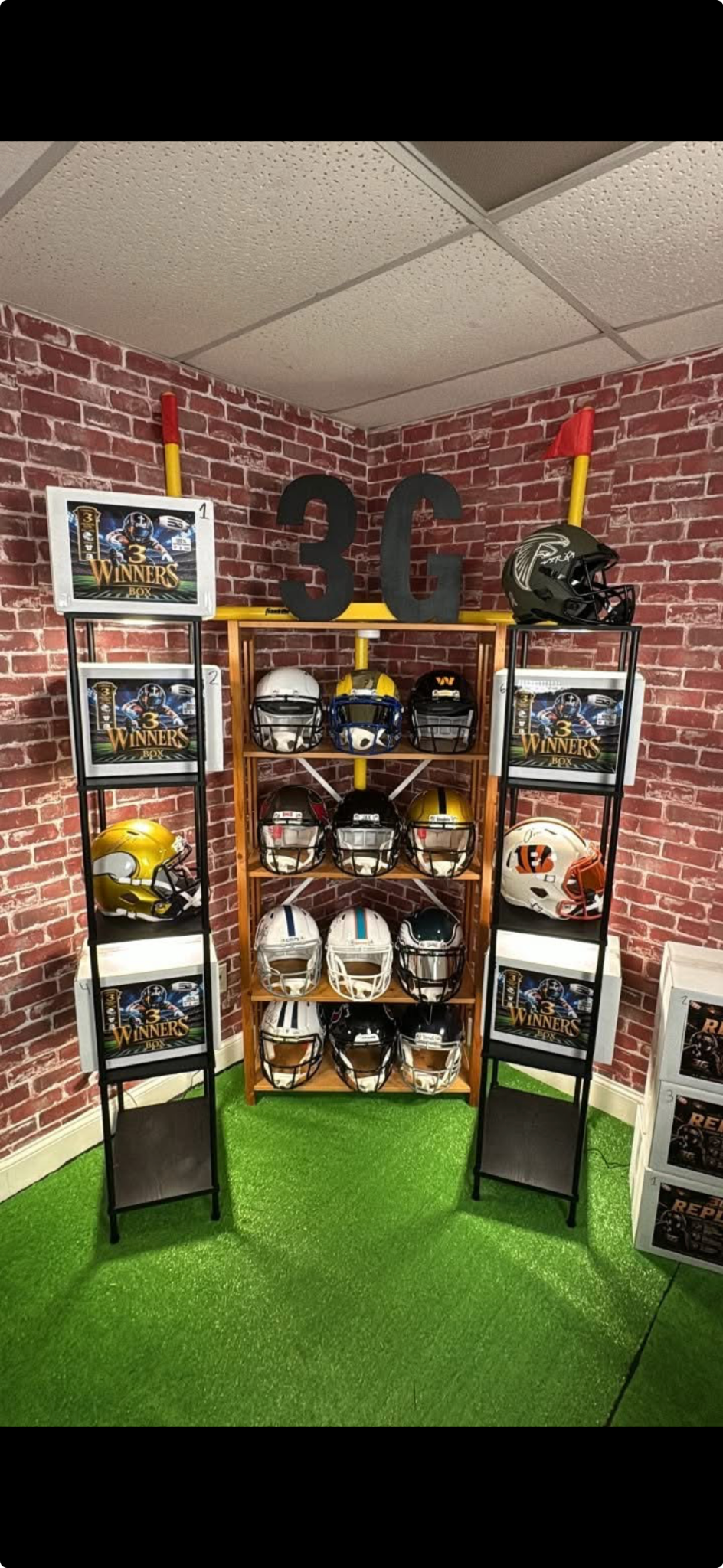 3G Sports football live stream room with helmets and 3 Winners boxes